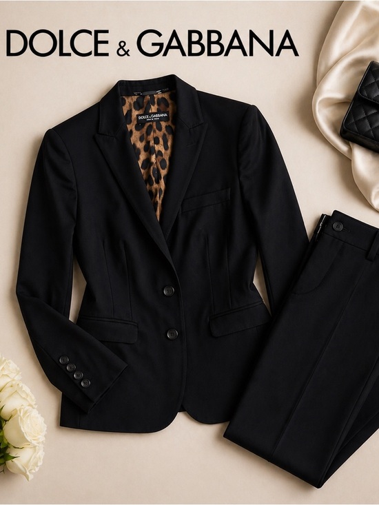 Dolce & Gabbana Pants - Dolce & Gabbana Suit F1275T Black Stretch Leopard Lined Pant Blazer IT44 8 10 M